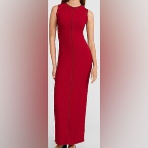 Express Red Ribbed Knit Maxi Dress W/ Black Piping/Sleeveless - Size S